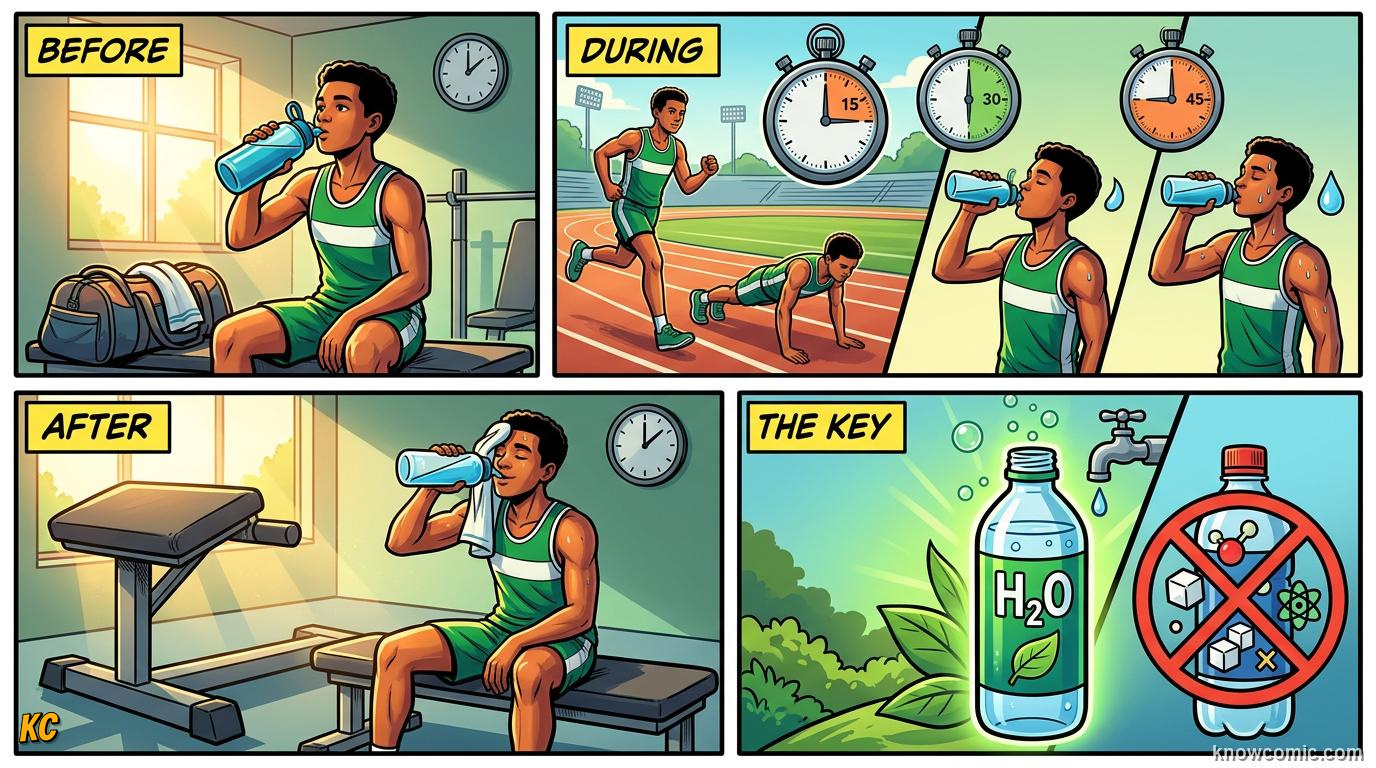 Comic panel about hydration and sweat: Listen To Your Body, Hydration Plan, educational kids illustration