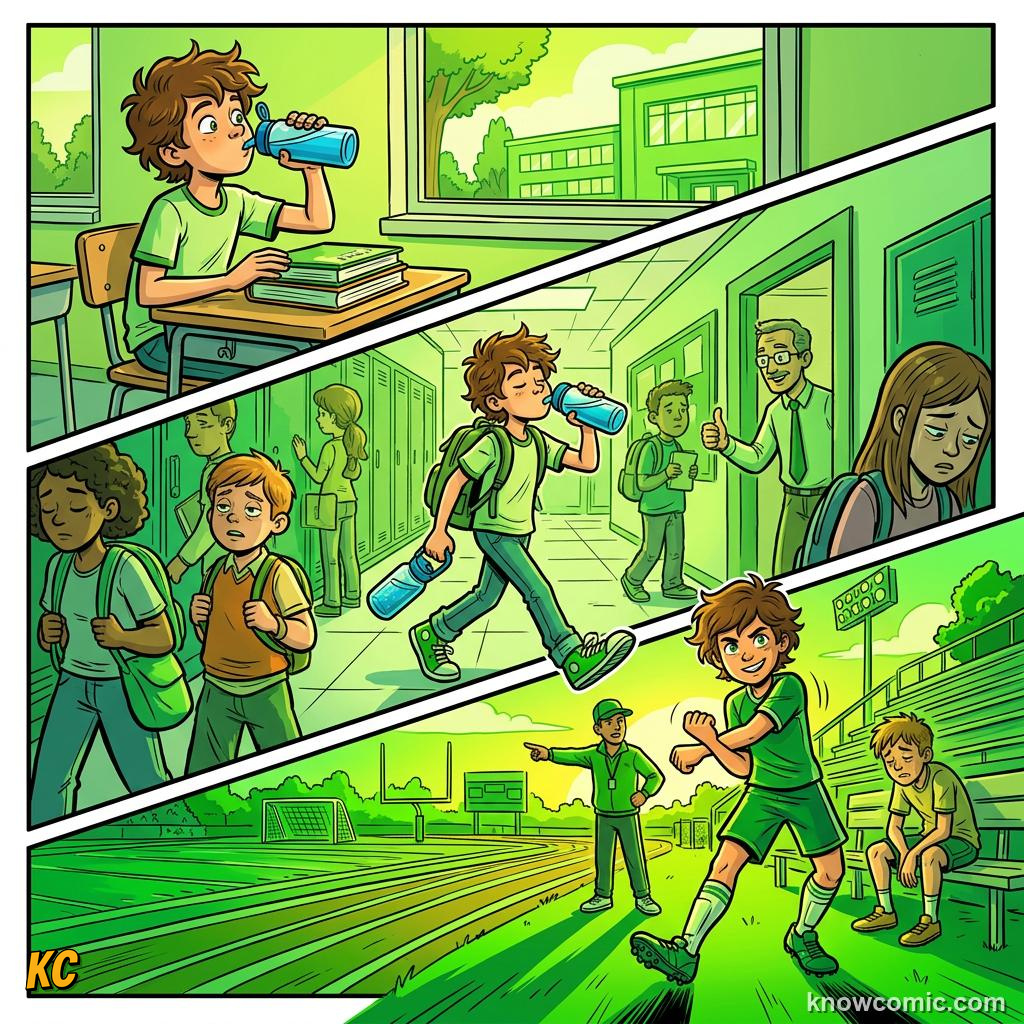 Comic panel about hydration and sweat: Sip Before, During, After, educational kids illustration