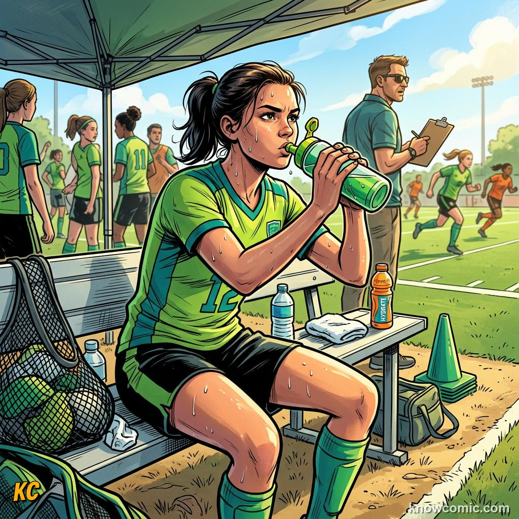 Comic panel about hydration and sweat: Sip Before, During, After, educational kids illustration