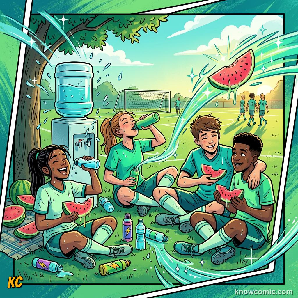 Comic panel about hydration and sweat: After, educational kids illustration