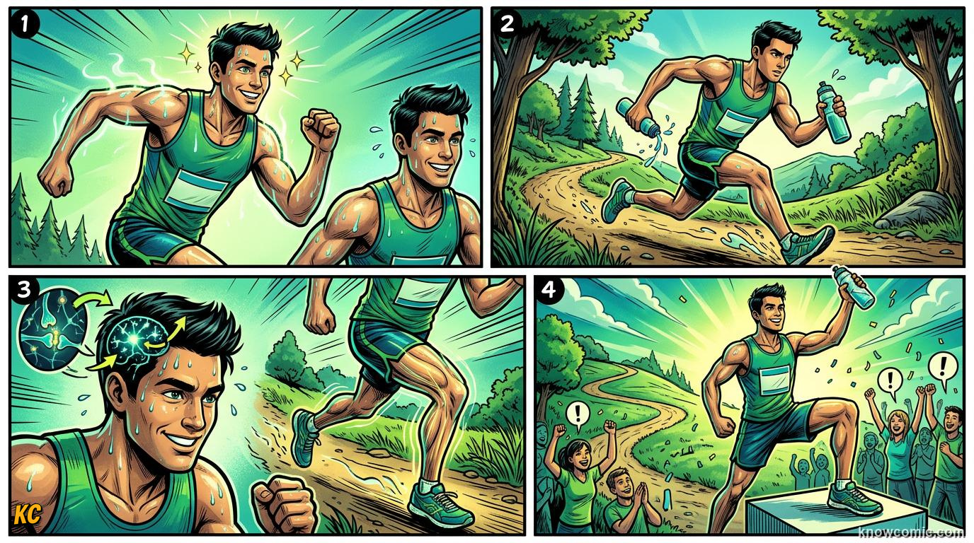 Comic panel about hydration and sweat: Water Wins, educational kids illustration