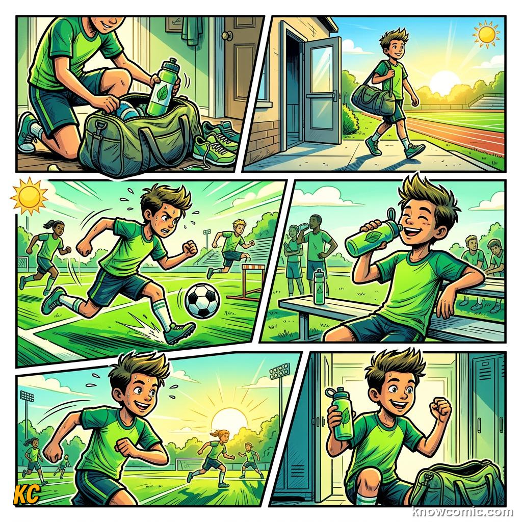 Comic panel about hydration and sweat: Hydration Is Performance, Gear Up, educational kids illustration