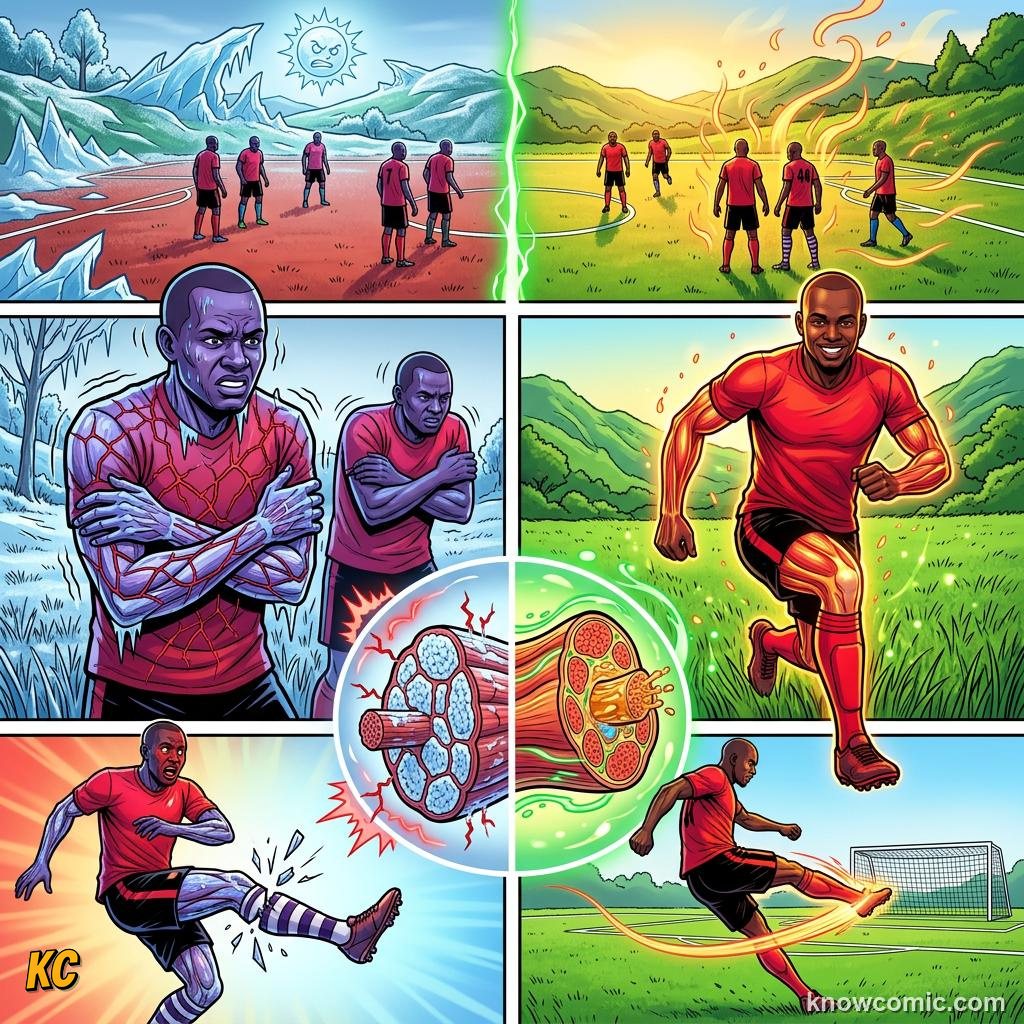 Comic panel about the warm-up rule: Why Jumping In Cold Is Risky, Cold Muscles, educational kids illustration