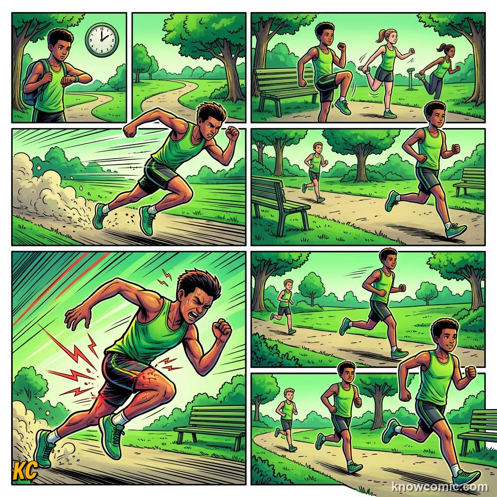 Comic panel about the warm-up rule: Warm Up, educational kids illustration