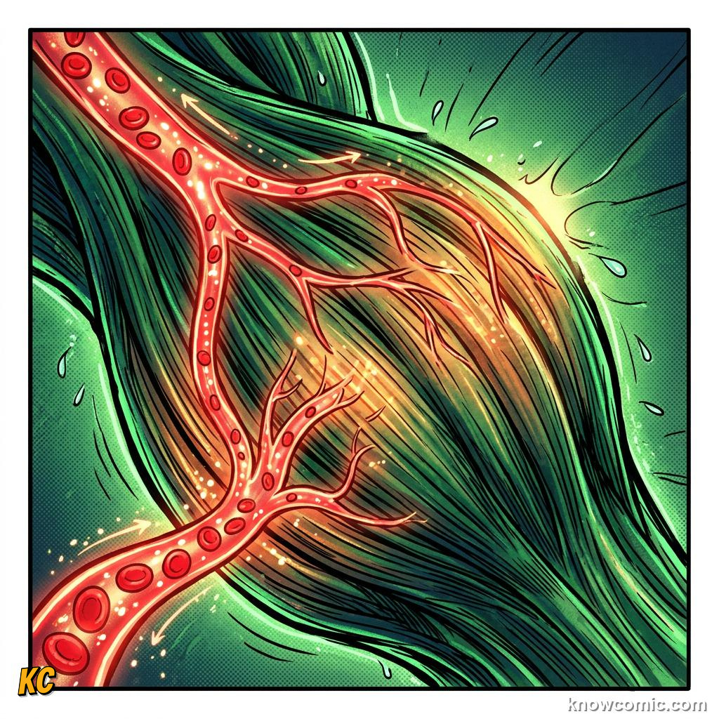 Comic panel about the warm-up rule: Your Engine Starts, Blood Flow, educational kids illustration