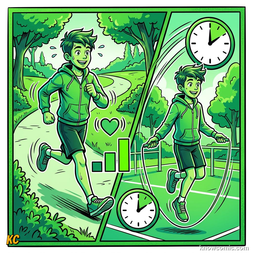 Comic panel about the warm-up rule: Your Engine Starts, Easy Cardio, educational kids illustration