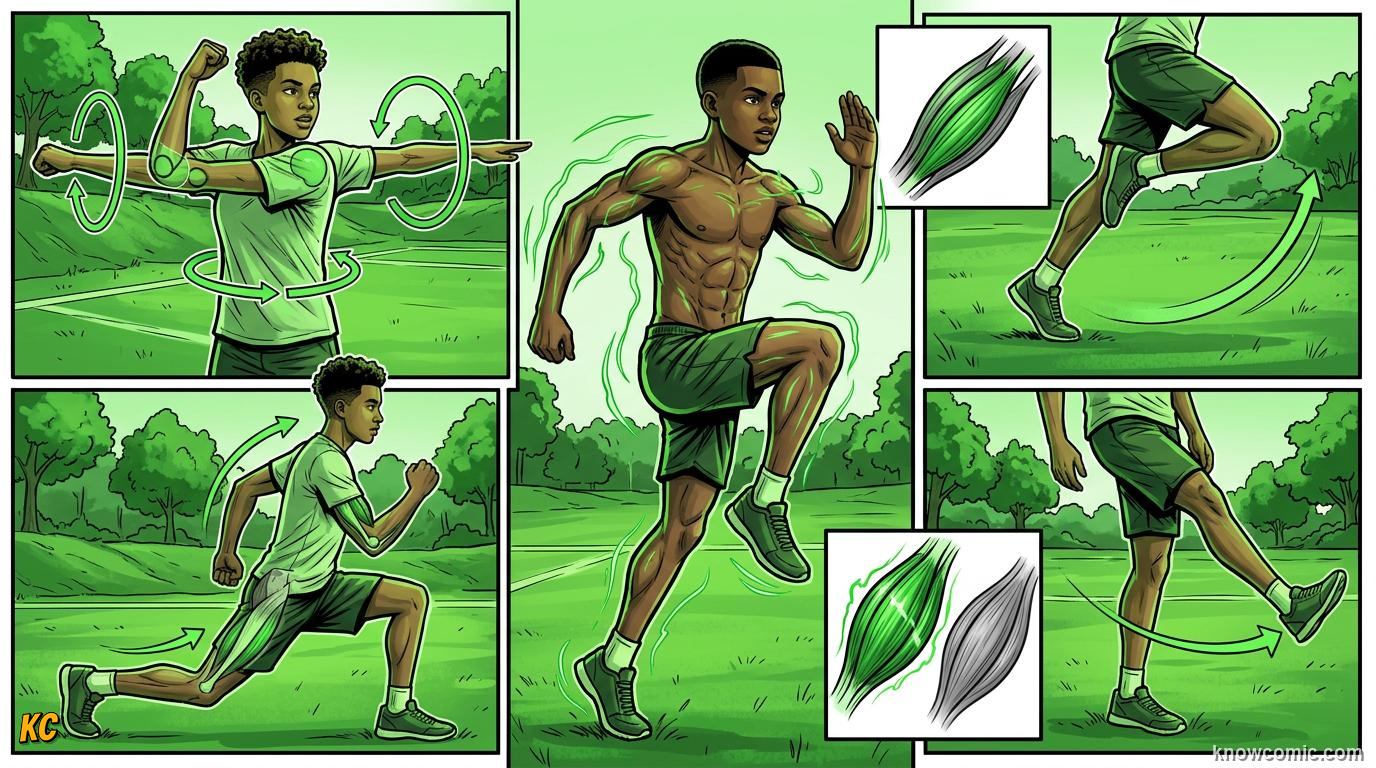 Comic panel about the warm-up rule: Brain To Body, educational kids illustration