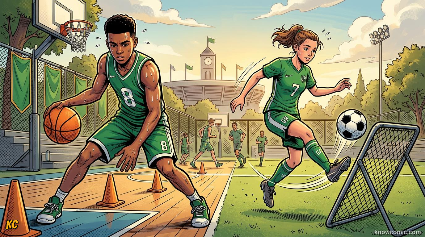 Comic panel about the warm-up rule: Wake The Movement Map, Loosen Up, educational kids illustration