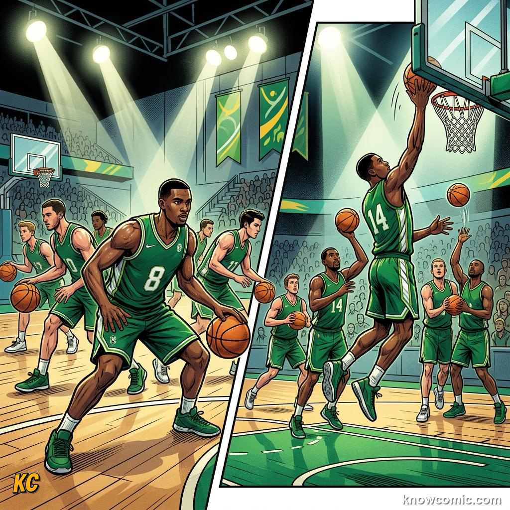 Comic panel about the warm-up rule: Joints Through Full Range, Leg Swings, educational kids illustration