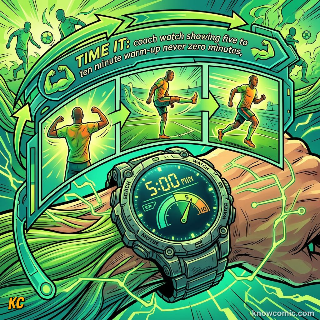 Comic panel about the warm-up rule: Timing, educational kids illustration