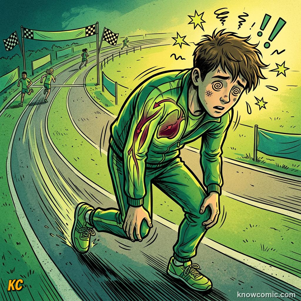 Comic panel about cooling down right: Why Stopping Suddenly Feels Bad, Fast Heart, educational kids illustration