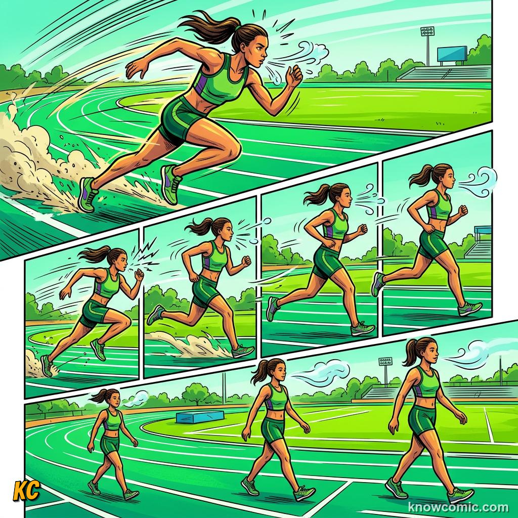 Comic panel about cooling down right: Bring Heart Rate Down Slowly, Light Jog, educational kids illustration