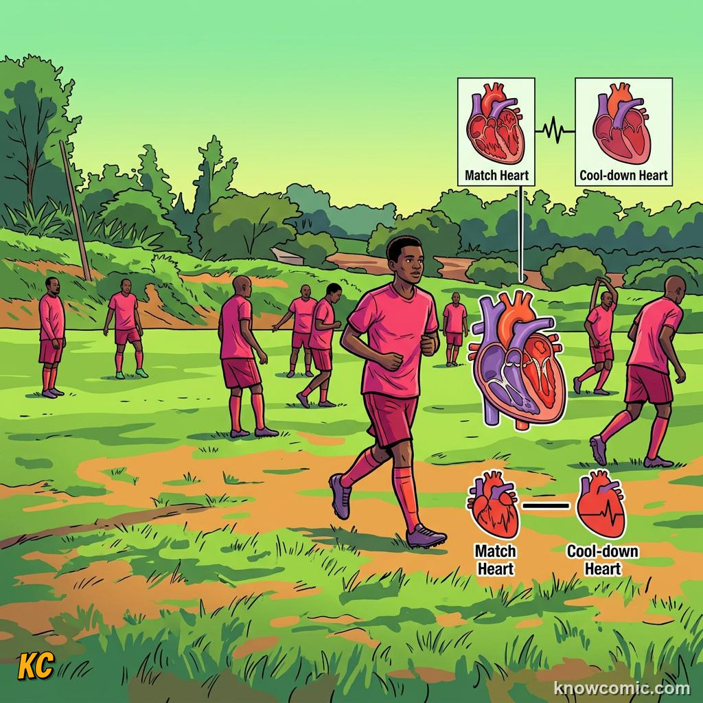 Comic panel about cooling down right: Bring Heart Rate Down Slowly, Breathe, educational kids illustration