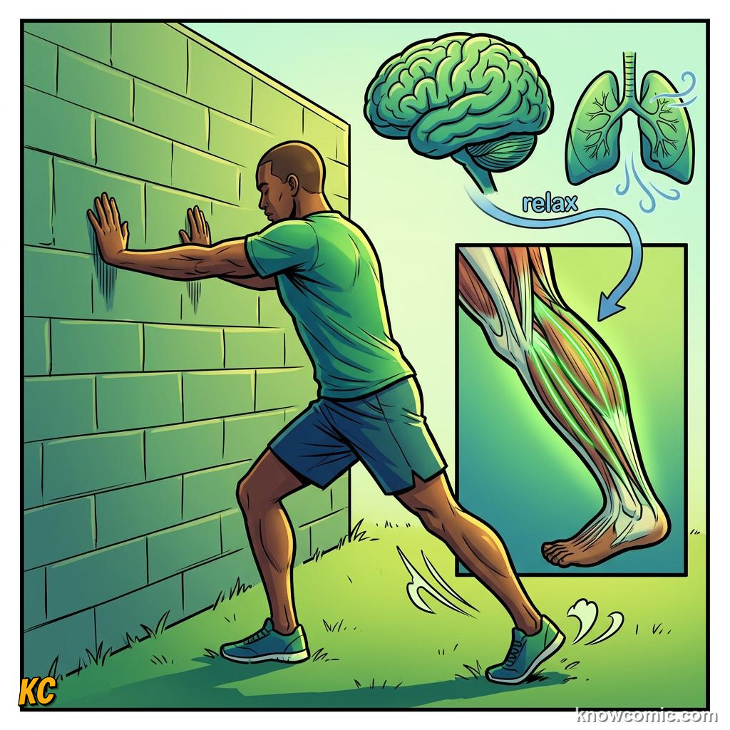 Comic panel about cooling down right: Static Stretch After Cool-Down, Calves, educational kids illustration