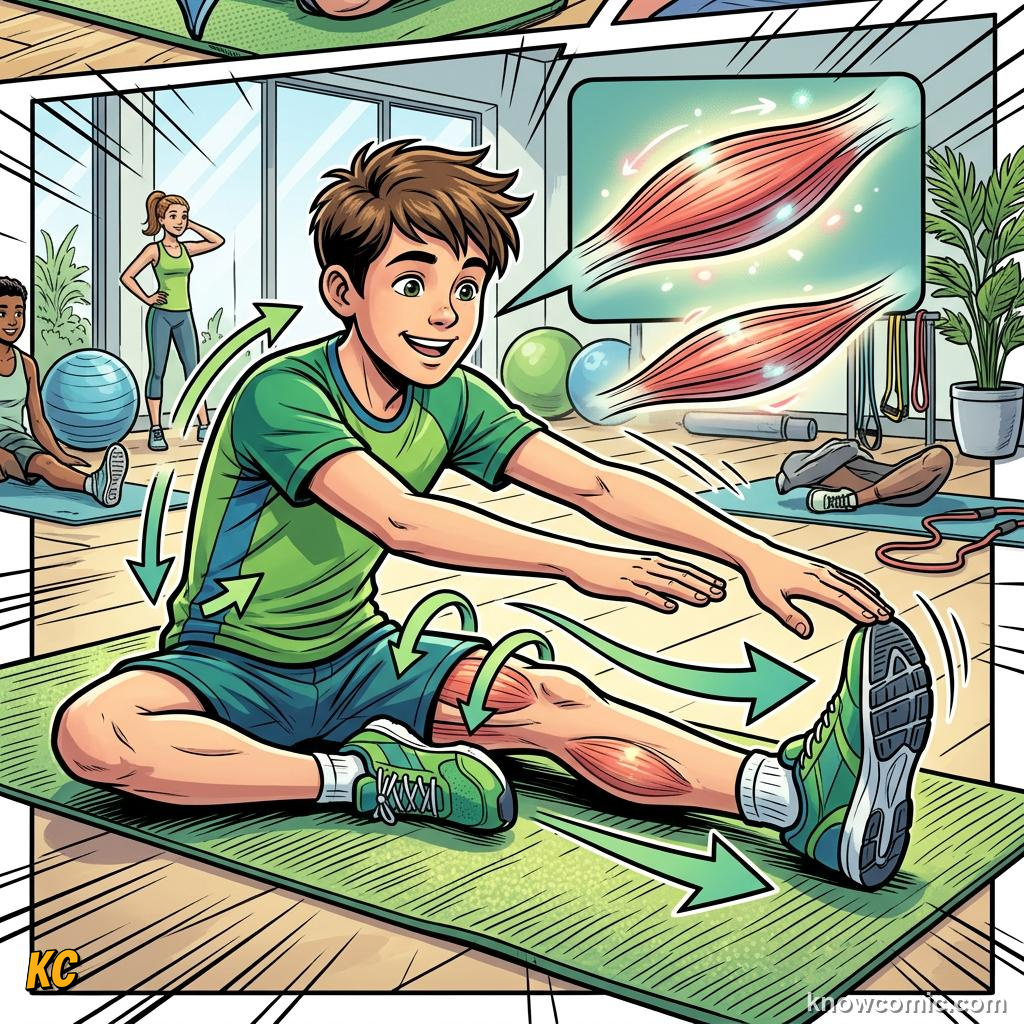 Comic panel about cooling down right: Static Stretch After Cool-Down, Hamstrings, educational kids illustration