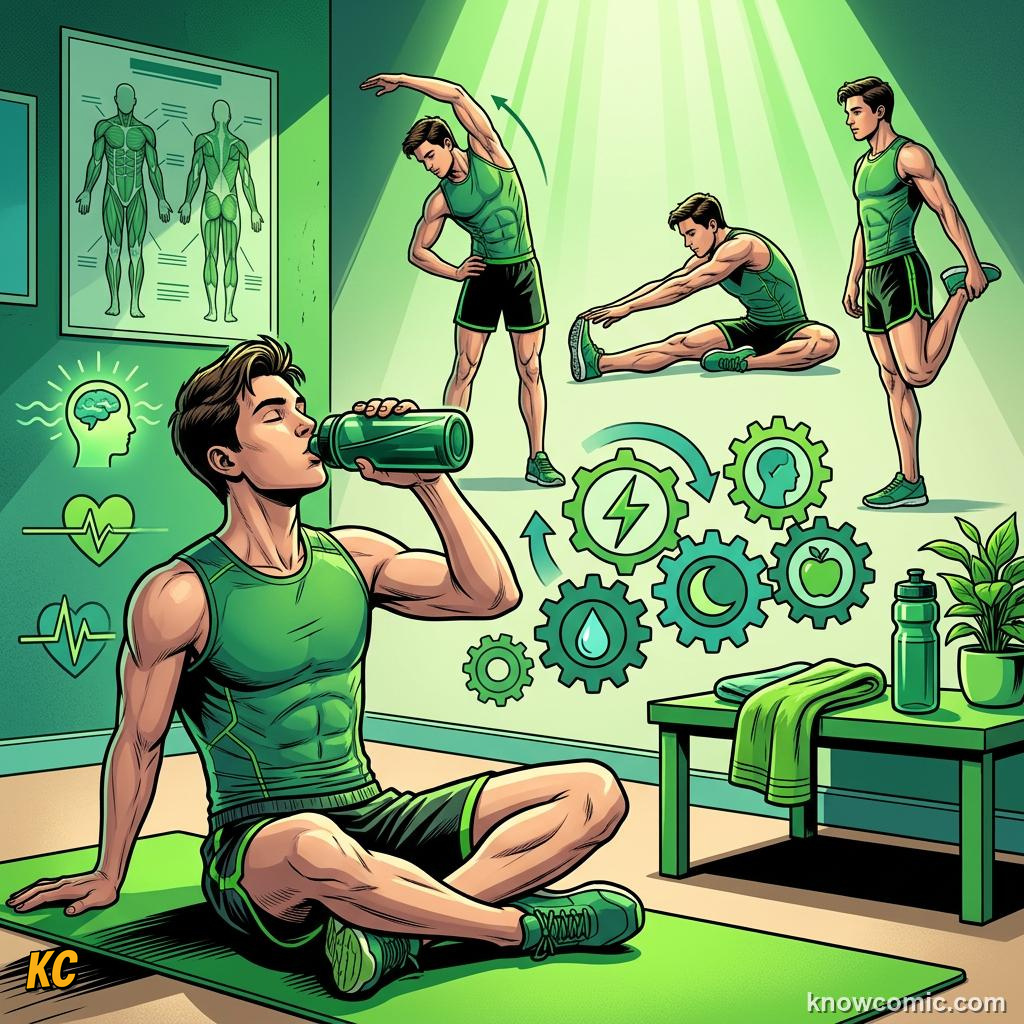 Comic panel about cooling down right: Hydrate, educational kids illustration