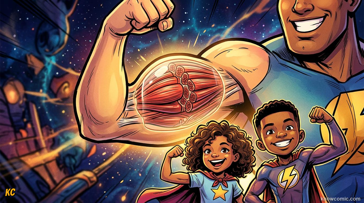 Muscle Growth Basics comic panel: 600 helpers, your body's movers
