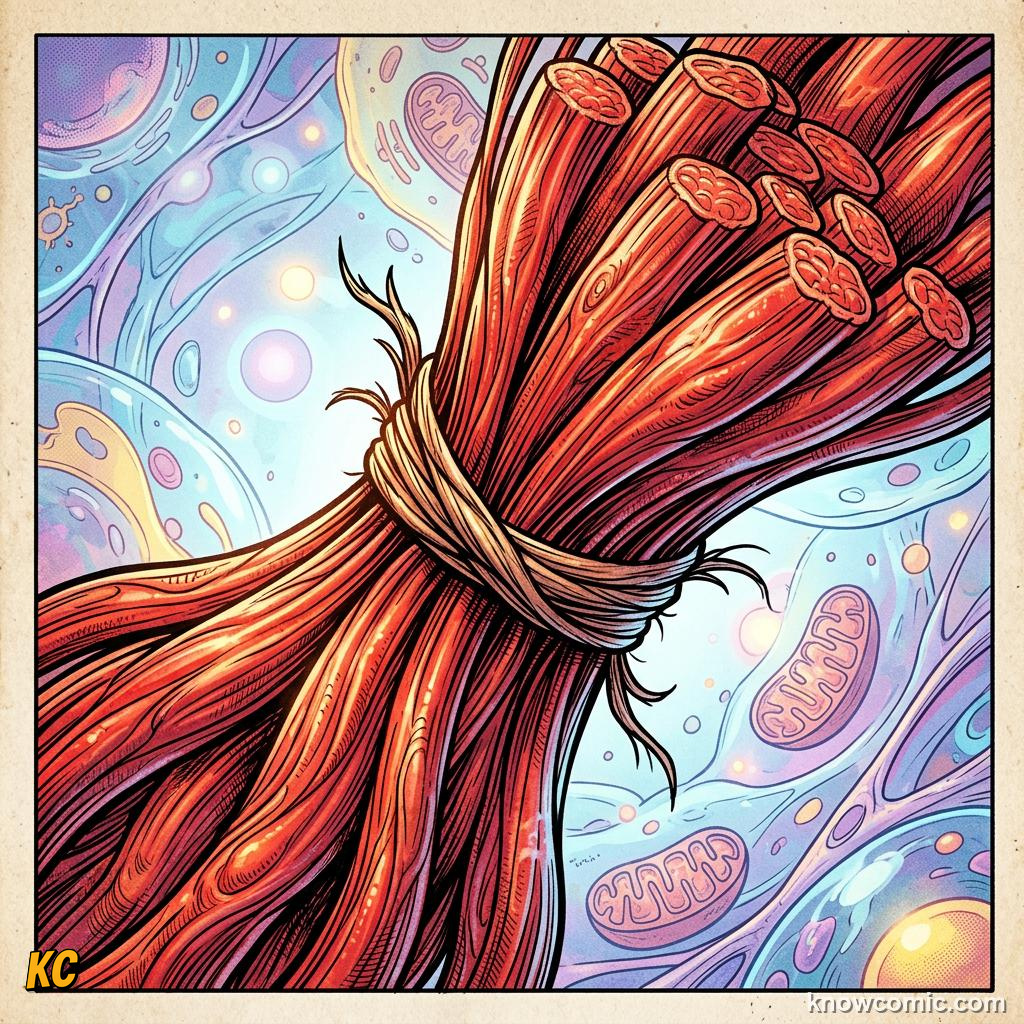 Muscle Growth Basics comic panel showing made of fibres