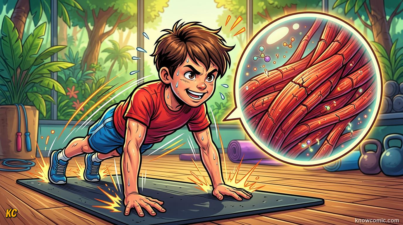 Muscle Growth Basics comic panel: work it hard, exercise makes tiny tears