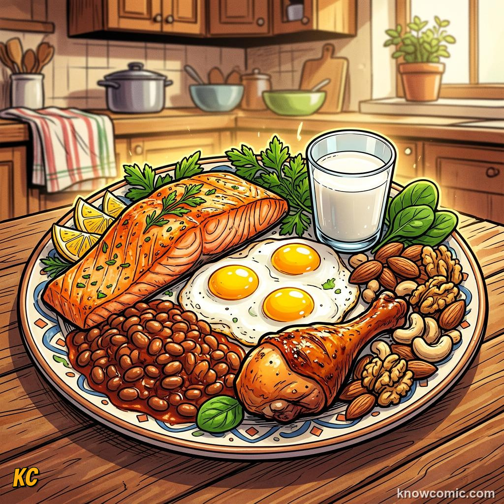 Muscle Growth Basics comic panel showing protein power