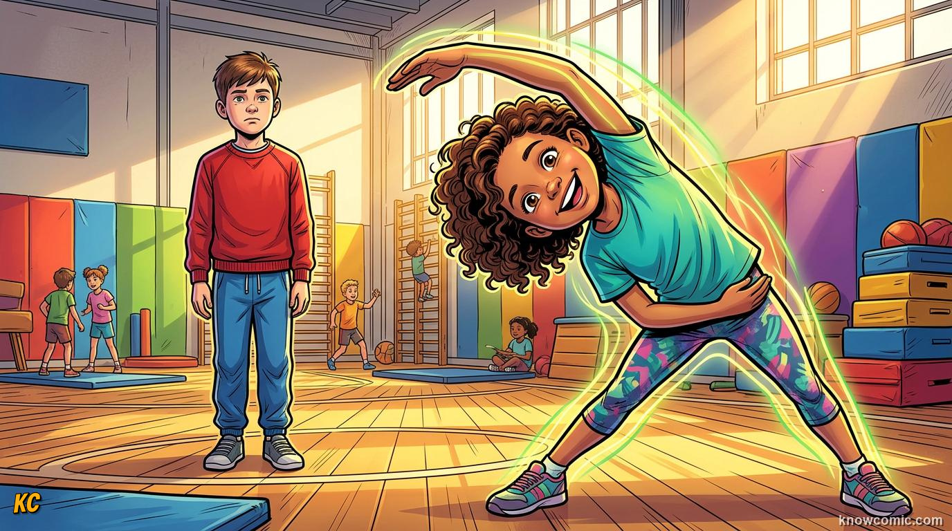 Flexibility and Stretching comic panel: what is flexibility?, bend like rubber