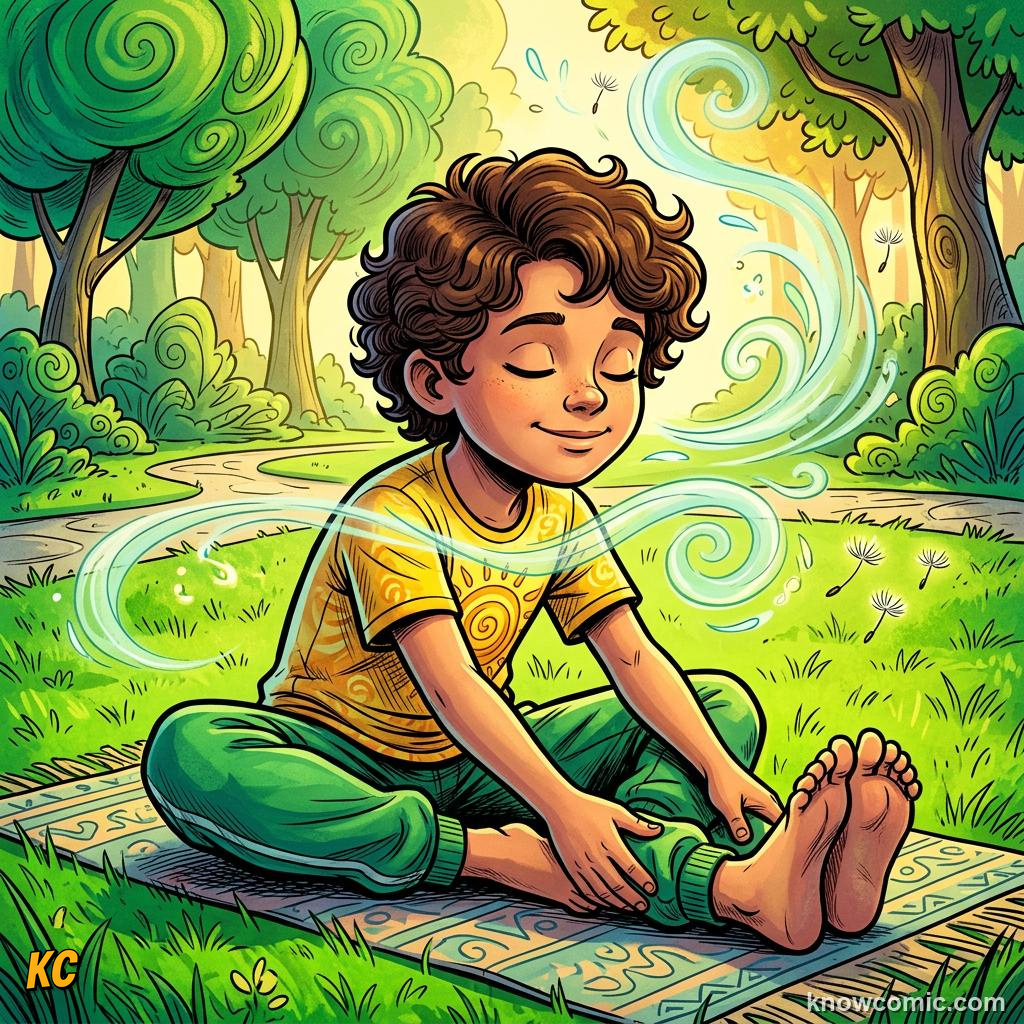 Flexibility and Stretching comic panel showing breathe easy