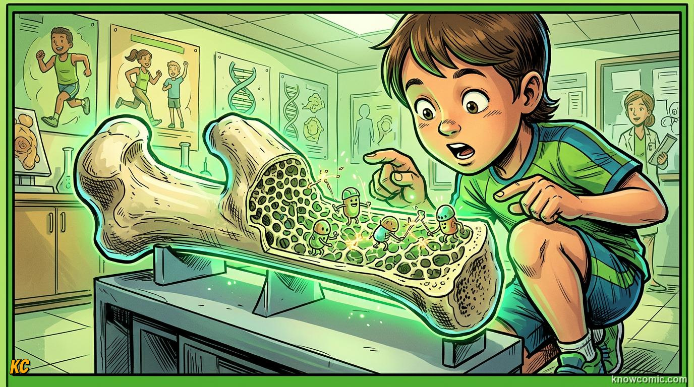 Comic panel about bone density science: Not Dead Rock, educational kids illustration