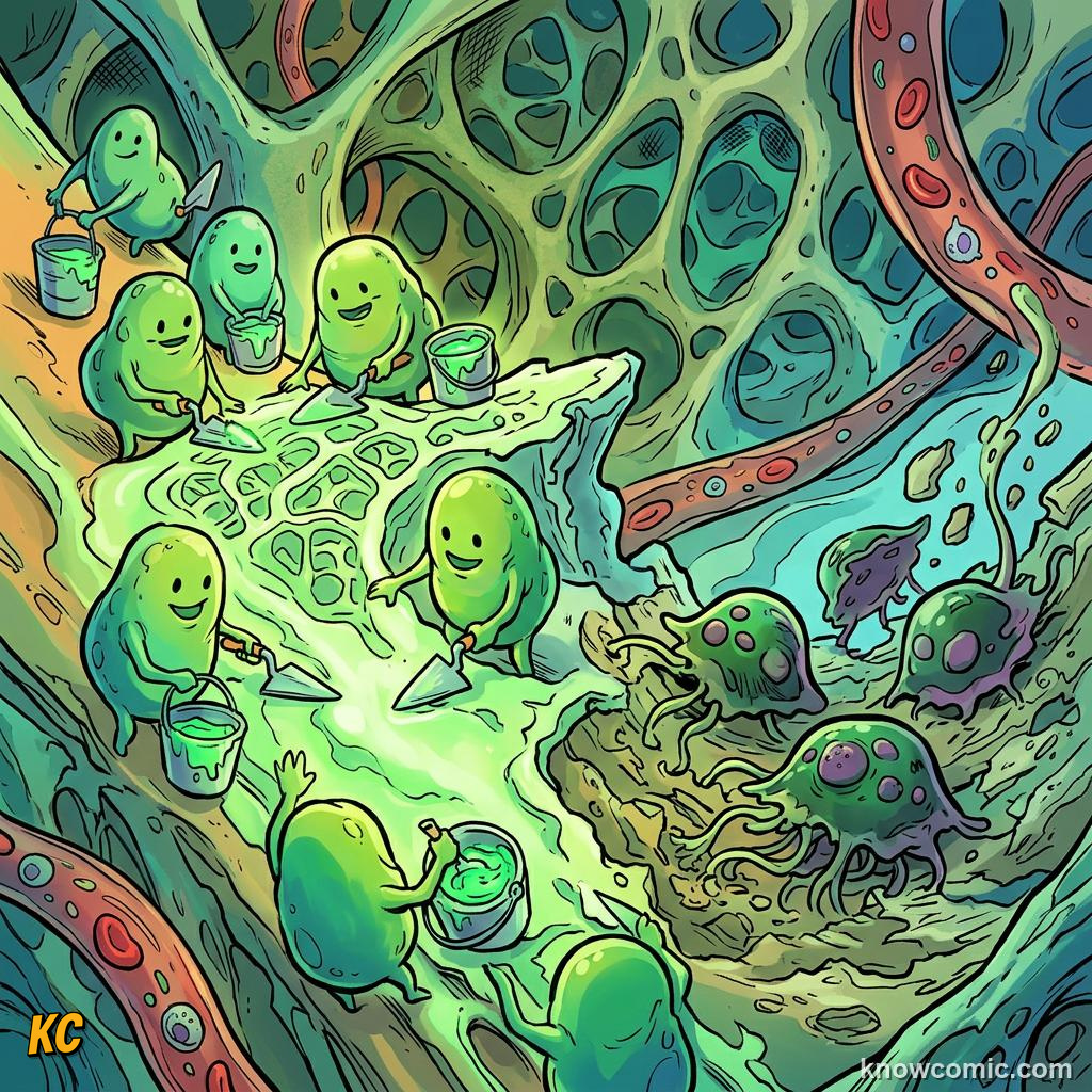 Comic panel about bone density science: Your Bones Are Alive, Cell Team, educational kids illustration