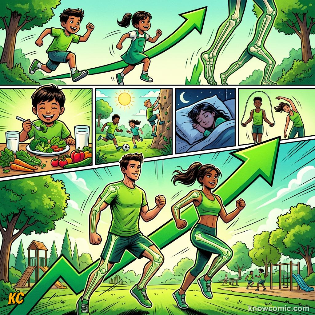 Comic panel about bone density science: Growing, educational kids illustration
