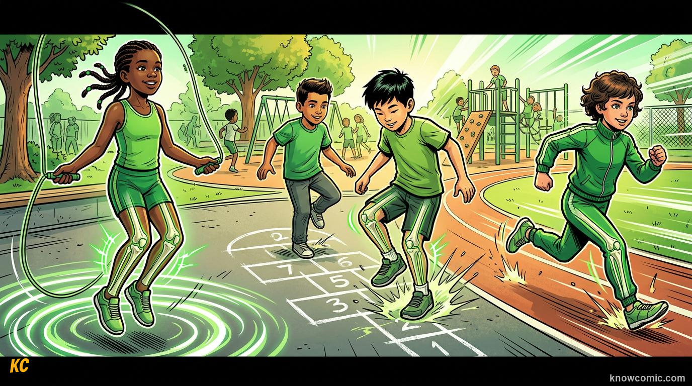 Comic panel about bone density science: Use It, educational kids illustration