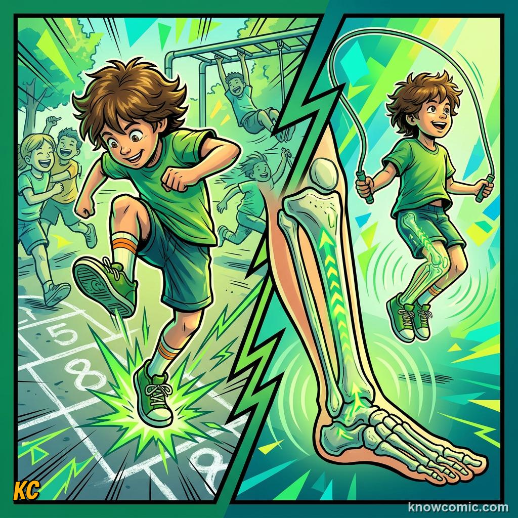 Comic panel about bone density science: Bones Respond To Load, Jump, educational kids illustration