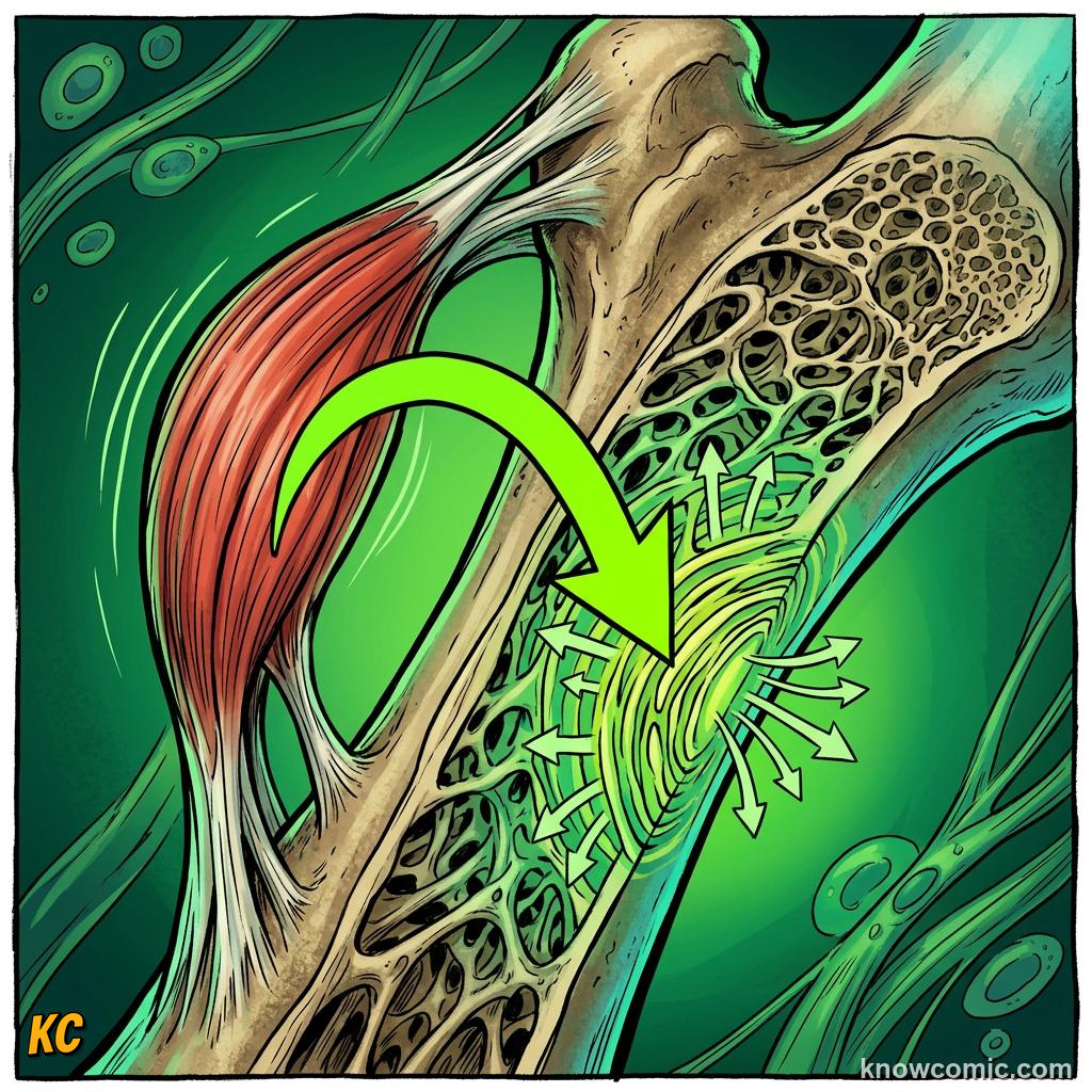 Comic panel about bone density science: Signal, educational kids illustration