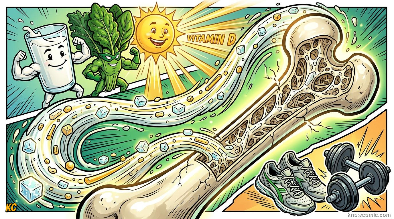 Comic panel about bone density science: Building Blocks, educational kids illustration