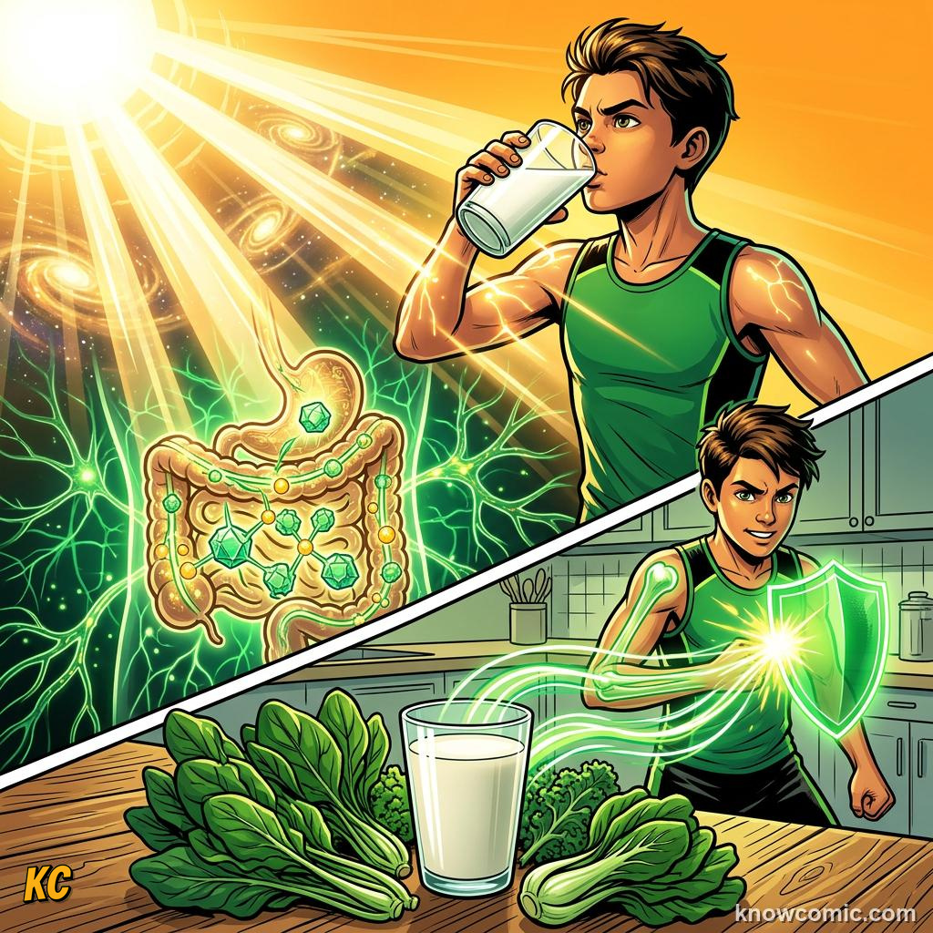 Comic panel about bone density science: Vitamin D, educational kids illustration