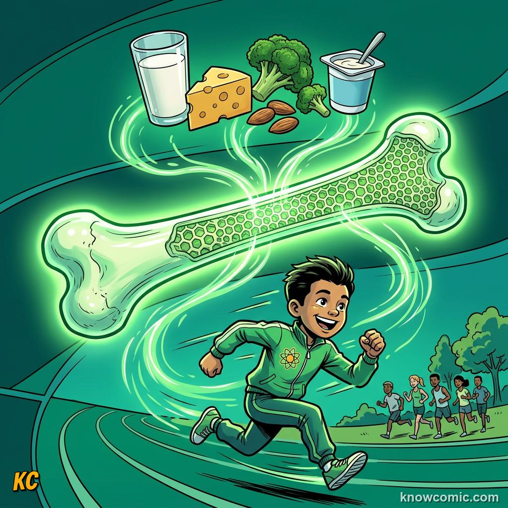 Comic panel about bone density science: Team Work, educational kids illustration