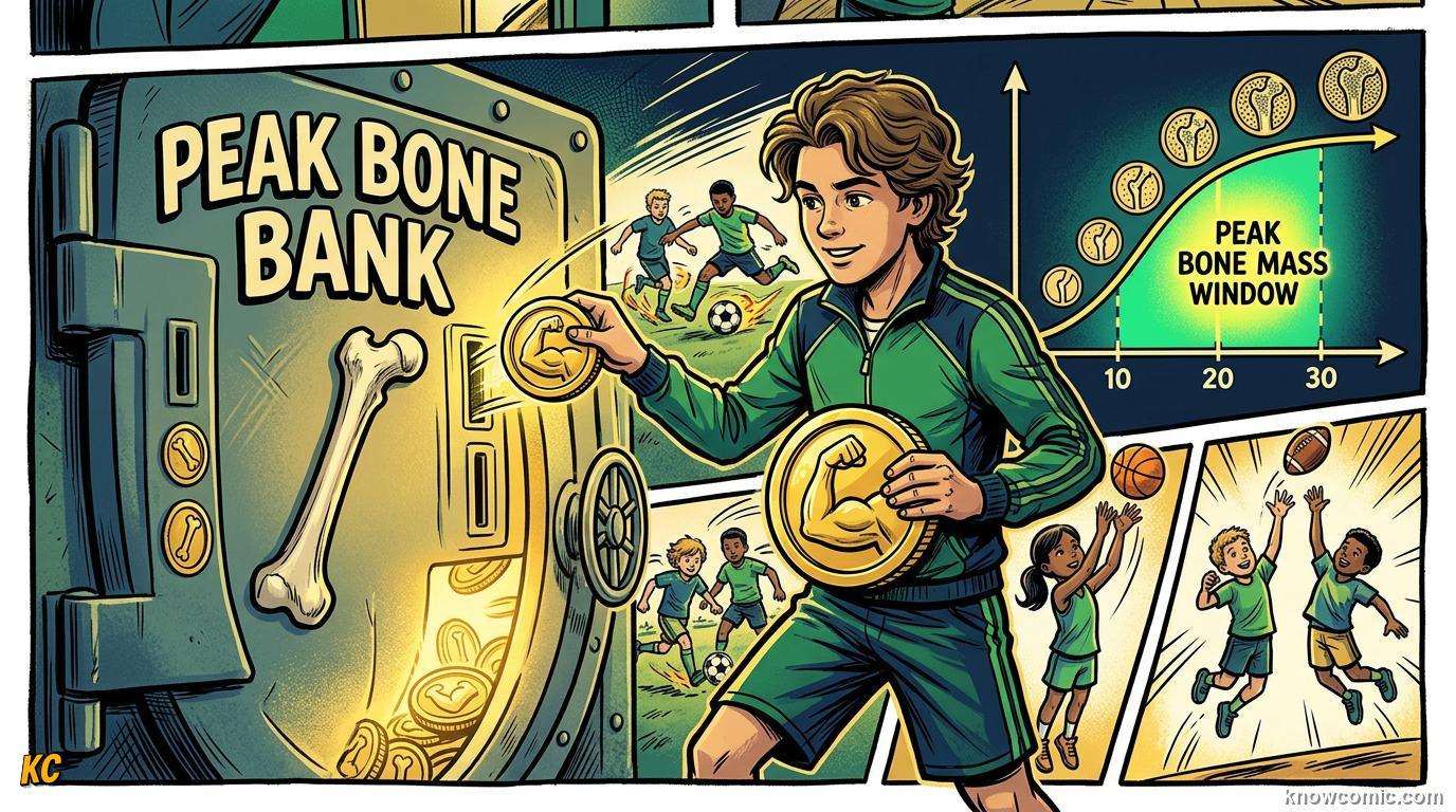 Comic panel about bone density science: Minerals Make Bone Hard, Peak Bone, educational kids illustration