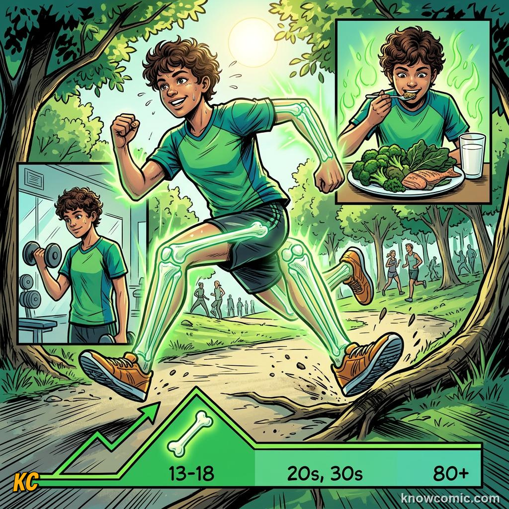 Comic panel about bone density science: Build Now For Later, Teen Years, educational kids illustration