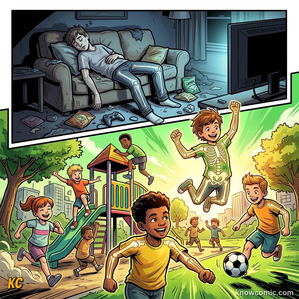 Comic panel about bone density science: Build Now For Later, Sit Less, educational kids illustration