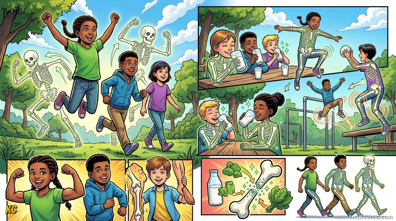 Comic panel about bone density science: Daily Habits, educational kids illustration