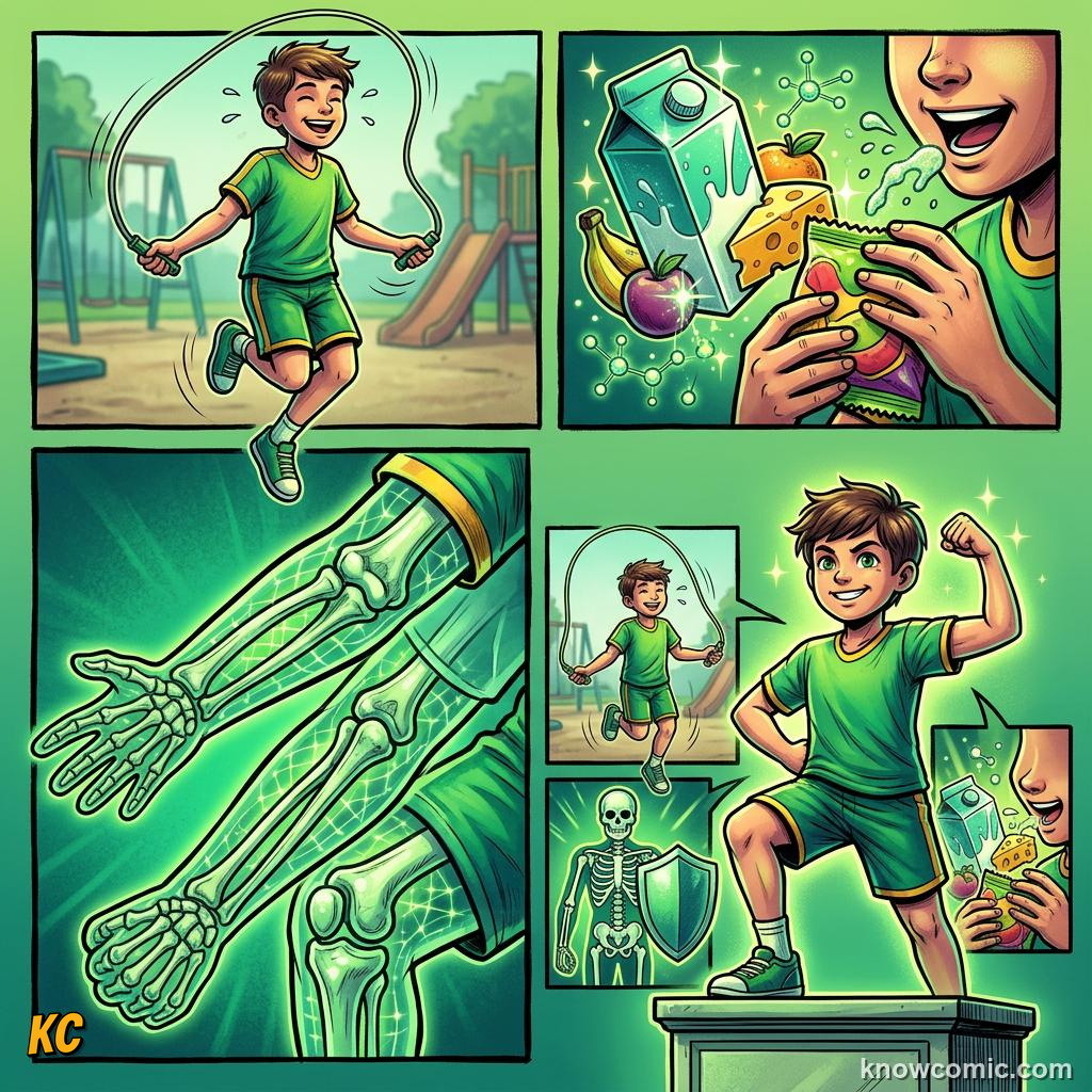 Comic panel about bone density science: Move And Feed Your Bones, Try These, educational kids illustration
