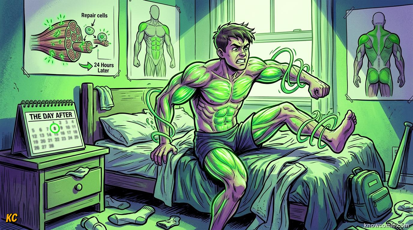 Comic panel about post-workout soreness: Next-Day Ouch, educational kids illustration