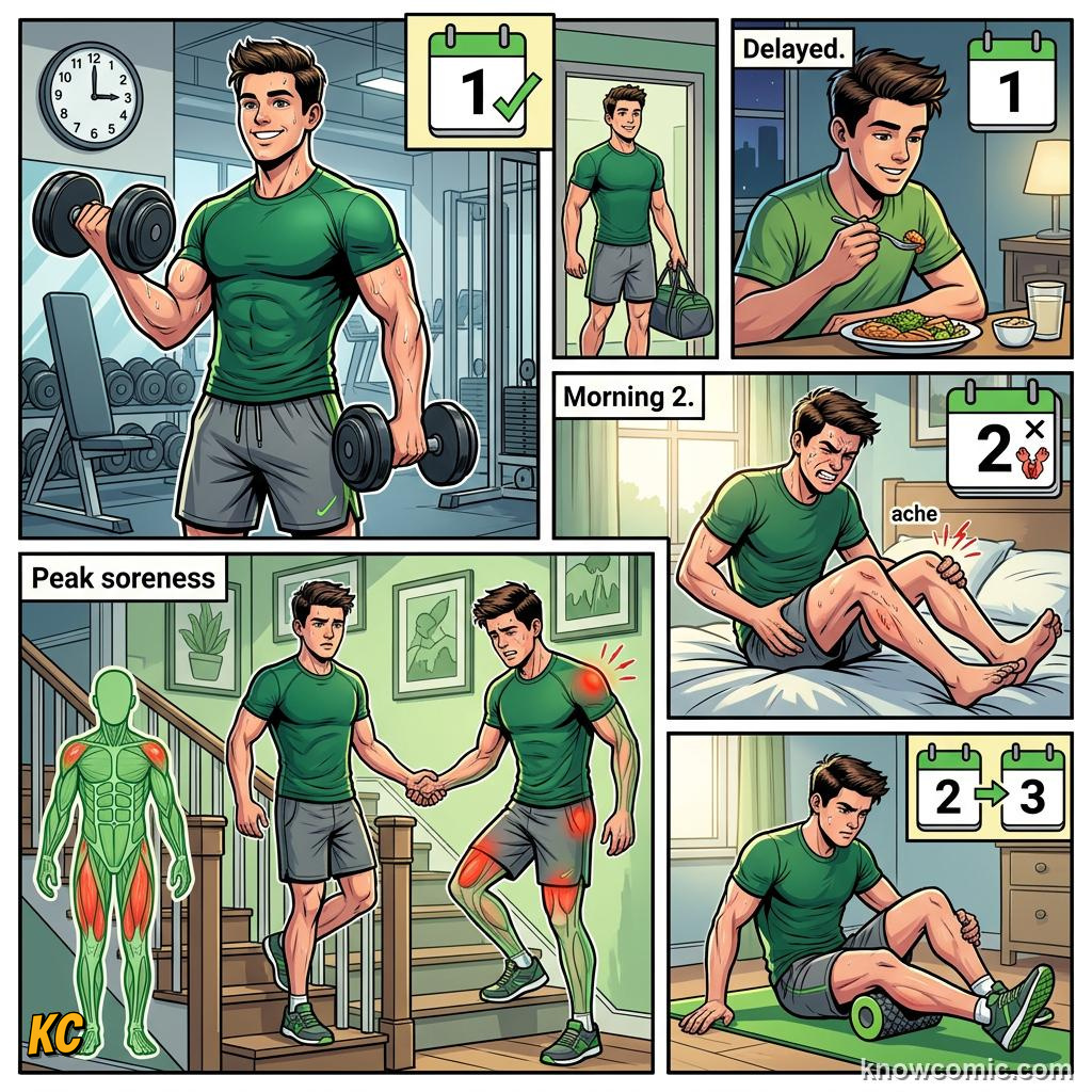 Comic panel about post-workout soreness: Meet Doms, Delayed, educational kids illustration