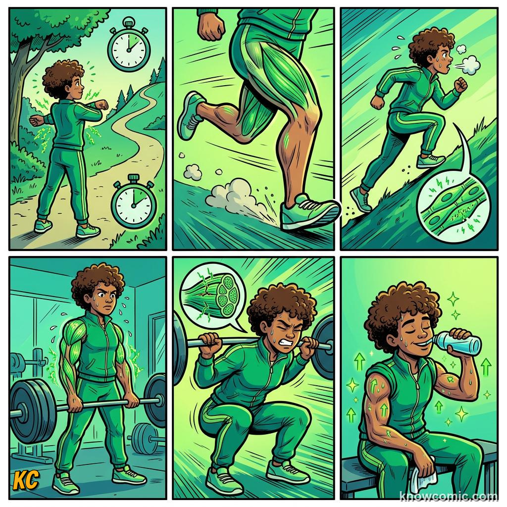 Comic panel about post-workout soreness: New Challenge, educational kids illustration