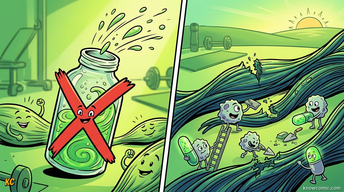 Comic panel about post-workout soreness: Myth Busted, educational kids illustration