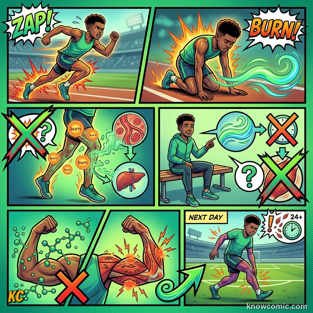 Comic panel about post-workout soreness: Lactic Acid Is Not The Culprit, educational kids illustration