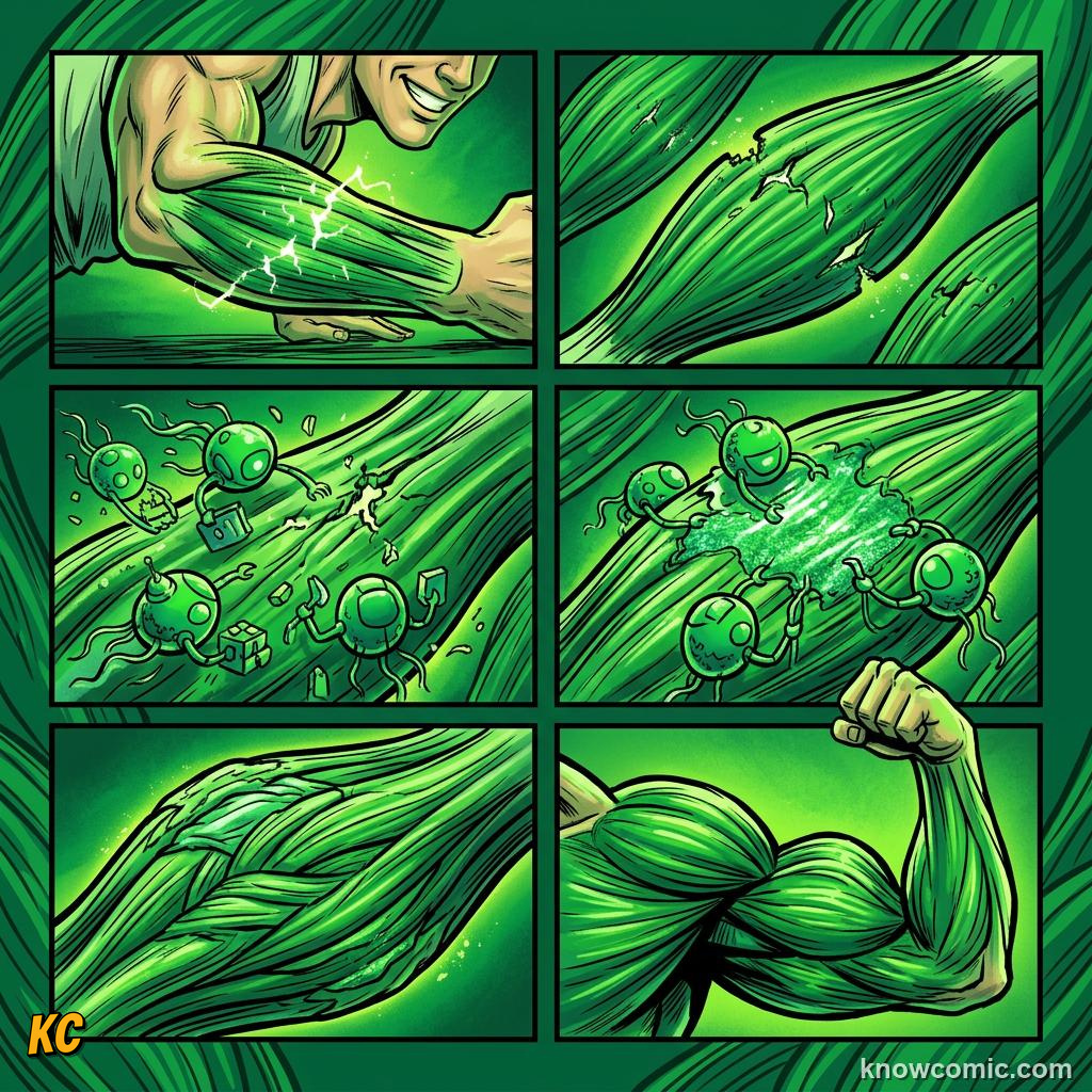 Comic panel about post-workout soreness: Lactic Acid Is Not The Culprit, Real Cause, educational kids illustration