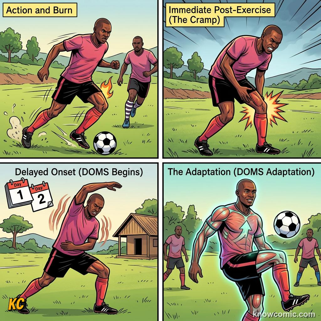 Comic panel about post-workout soreness: Learn, educational kids illustration