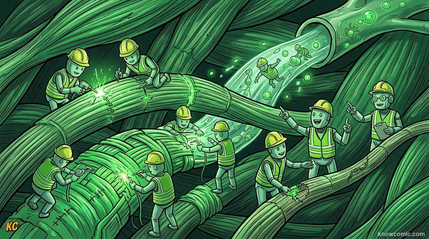 Comic panel about post-workout soreness: Building Back, educational kids illustration