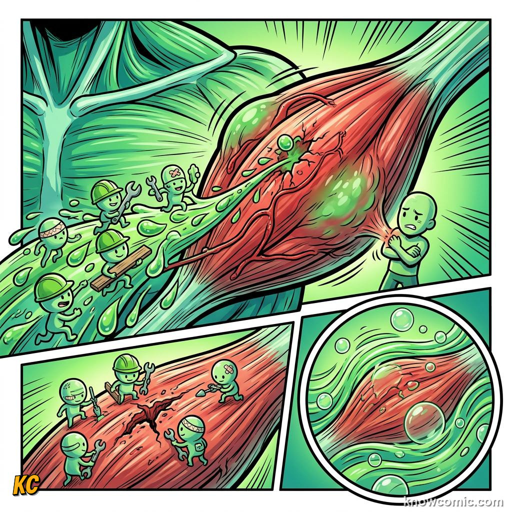 Comic panel about post-workout soreness: Inflammation, educational kids illustration