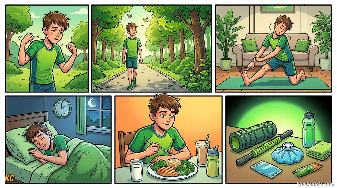 Comic panel about post-workout soreness: Muscles Grow Stronger, Recovery Tools, educational kids illustration
